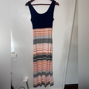 Market & Spruce Navy‎ and Peach Striped Maxi Dress Criss Cross Back Size Medium